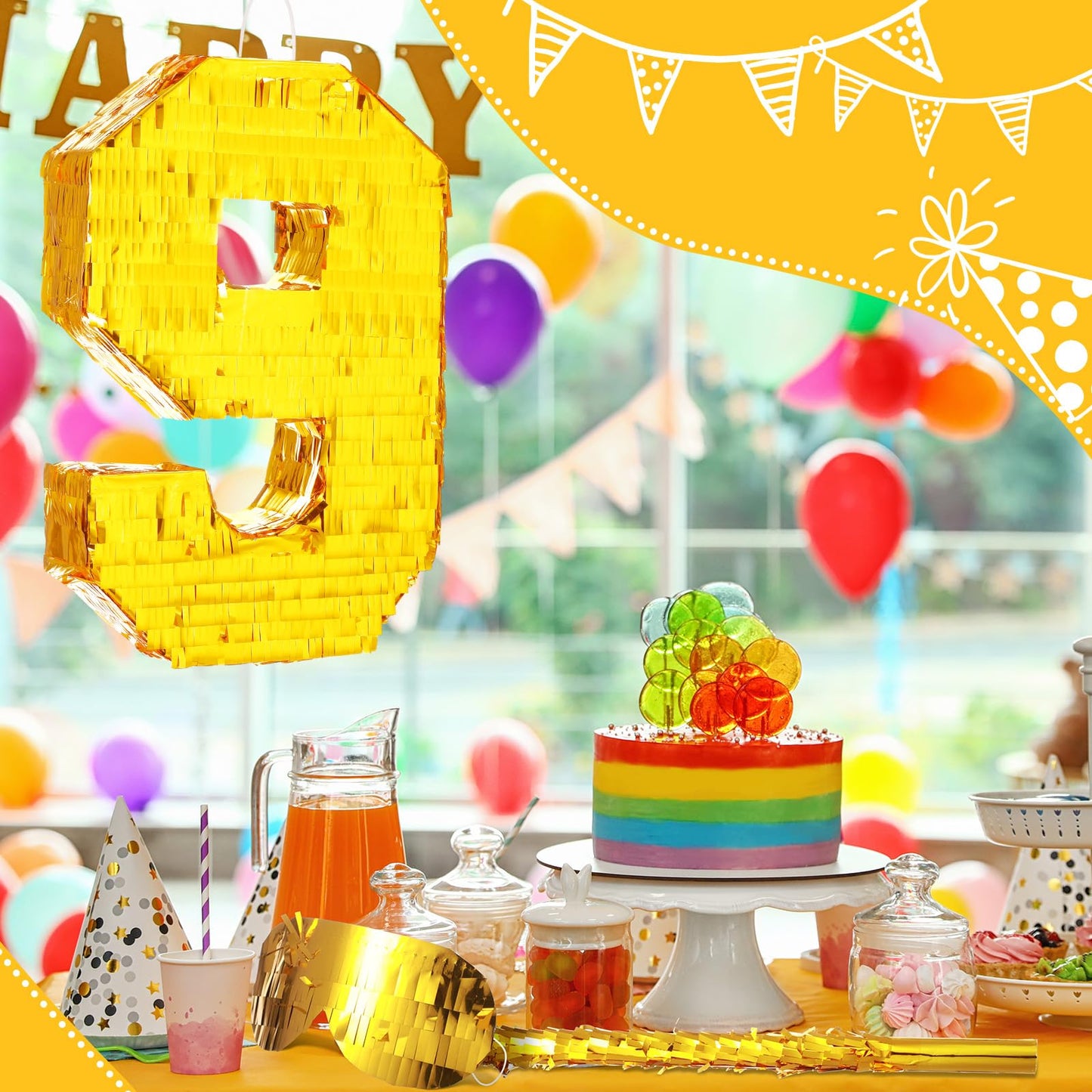 Sratte Number Piñata Birthday Piñata Decorations Gold Foil Piñata With Stick Blindfold Confetti For Boy Girl Birthday Party Decorations Anniversary Celebrations Fiesta Supplies(Number 9)