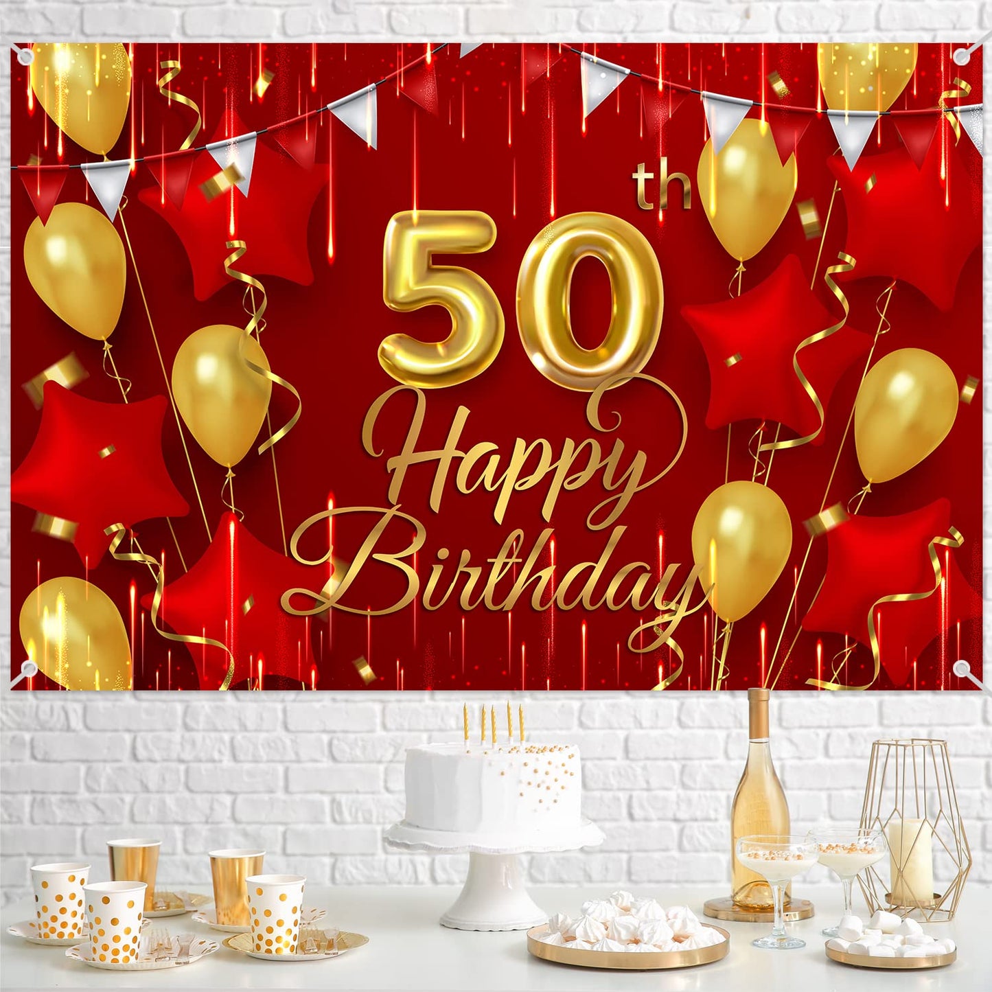 50th Birthday Backdrop Banner Decorations Red and Gold for Women Men Happy 50 Years Old Bday Background Photography Party Decor