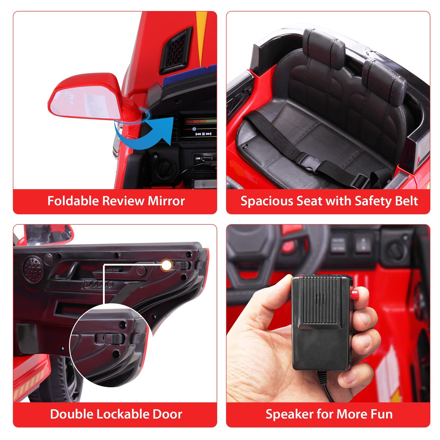 Fire Truck Ride On Toys Tobbi 12V Fire Engine Giant Firetrucks Firefighter Fireman Ride On Car With Remote Control, Siren-Call, Walkie-Talkies, Bluetooth For Toddlers, Red