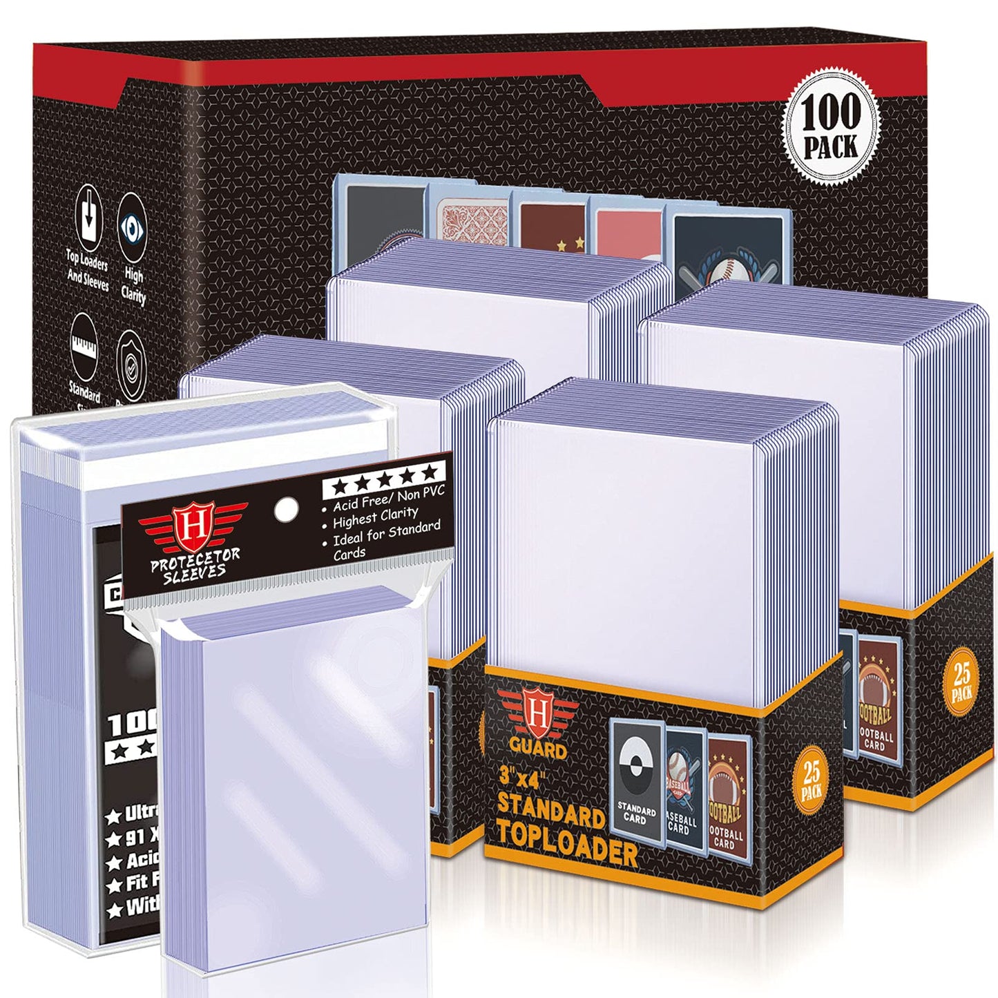 Homthy Toploaders Cards Sleeves Bundle For Trading Cards, 100 Toploaders And 200 Soft Penny Card Sleeves Fit For Standard Cards, Sports Cards, Mtg