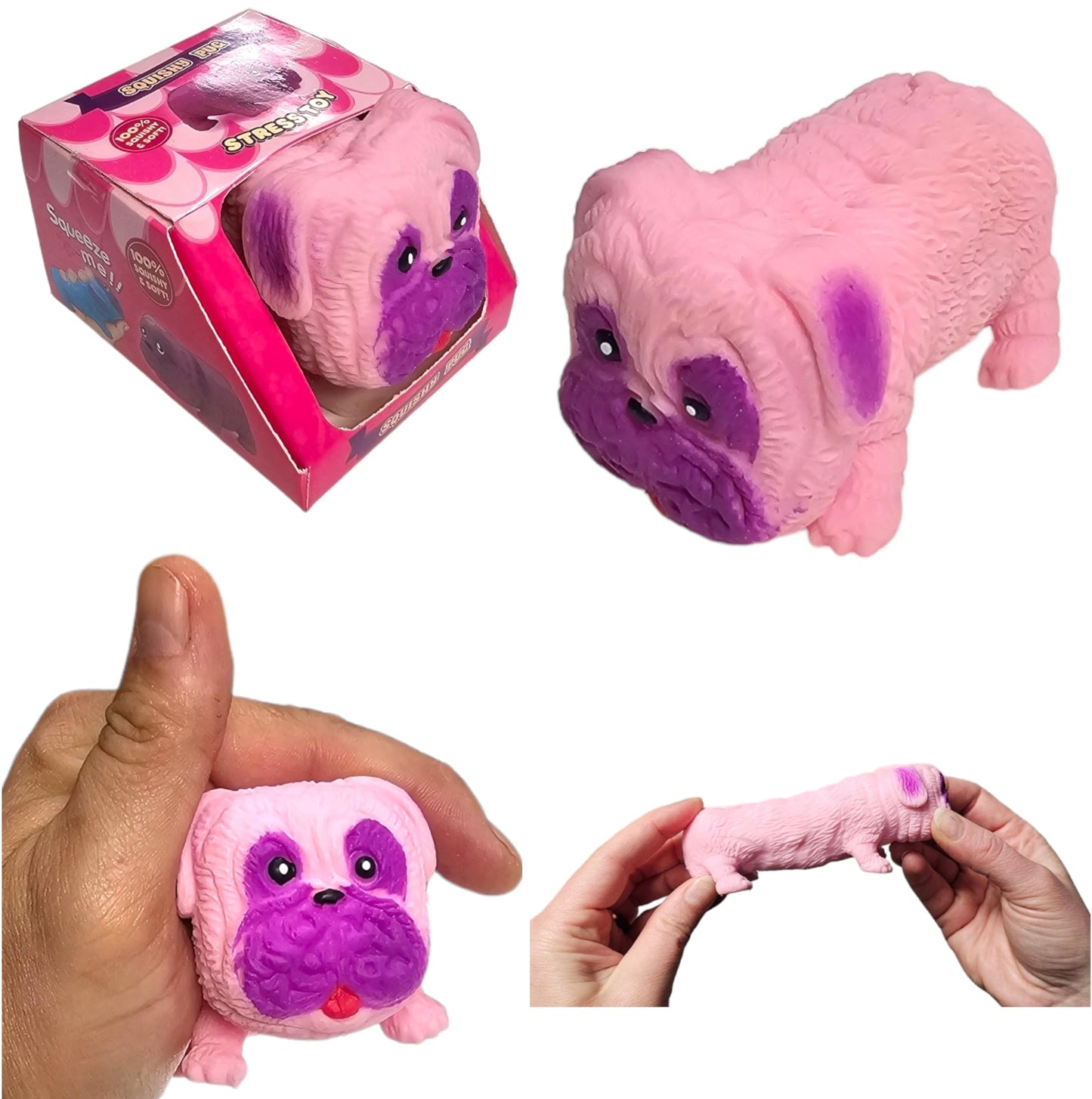 Squishy Stretchy Pug (2.5'' to 6.5'') Rubber Fidget Sensory Toy Filled with Sand. Great Stress Relief Dog Toy for Kids, Adults a