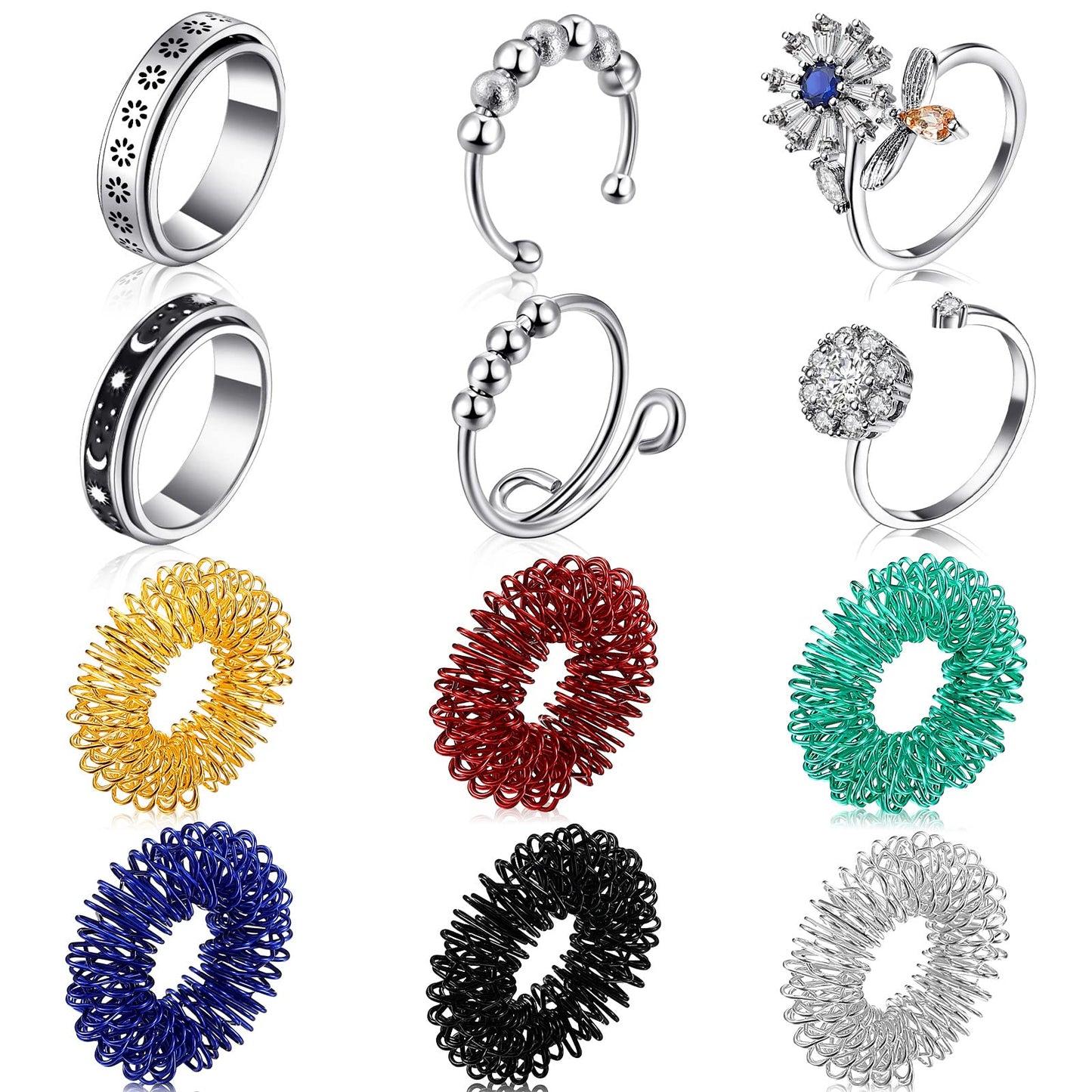 Mtlee 12 Pieces Fidget Anxiety Rings Including 6 Pieces Spiky Sensory Finger Spinner Rings, Anxiety Toys, Zircon Circle With Beads For Women Men(Classic Style)