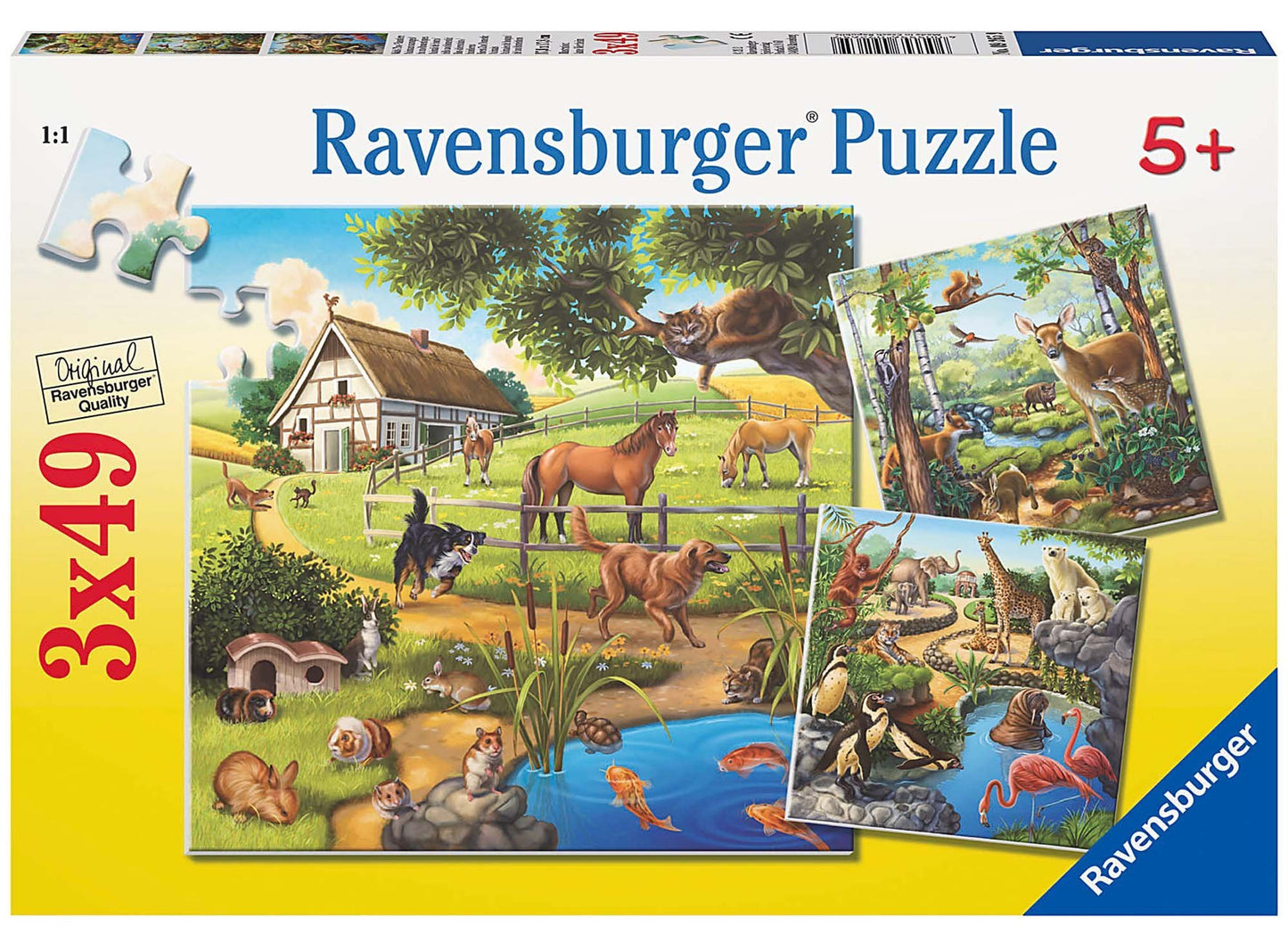 Ravensburger Animals Of The Forest, Zoo & Farm 3X49 Piece Jigsaw Puzzle Set Forkids - | Unique Piece Design | Anti-Glare Surface | Skill-Building, Fun Activity | Amazon Exclusive