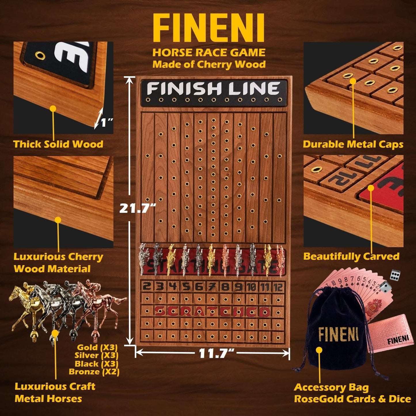 Fineni Horse Racing Game For Adults, Horse Race Board Game With 11 Luxurious Metal Horses (Gold, Silver, Black, Rose Gold), 22