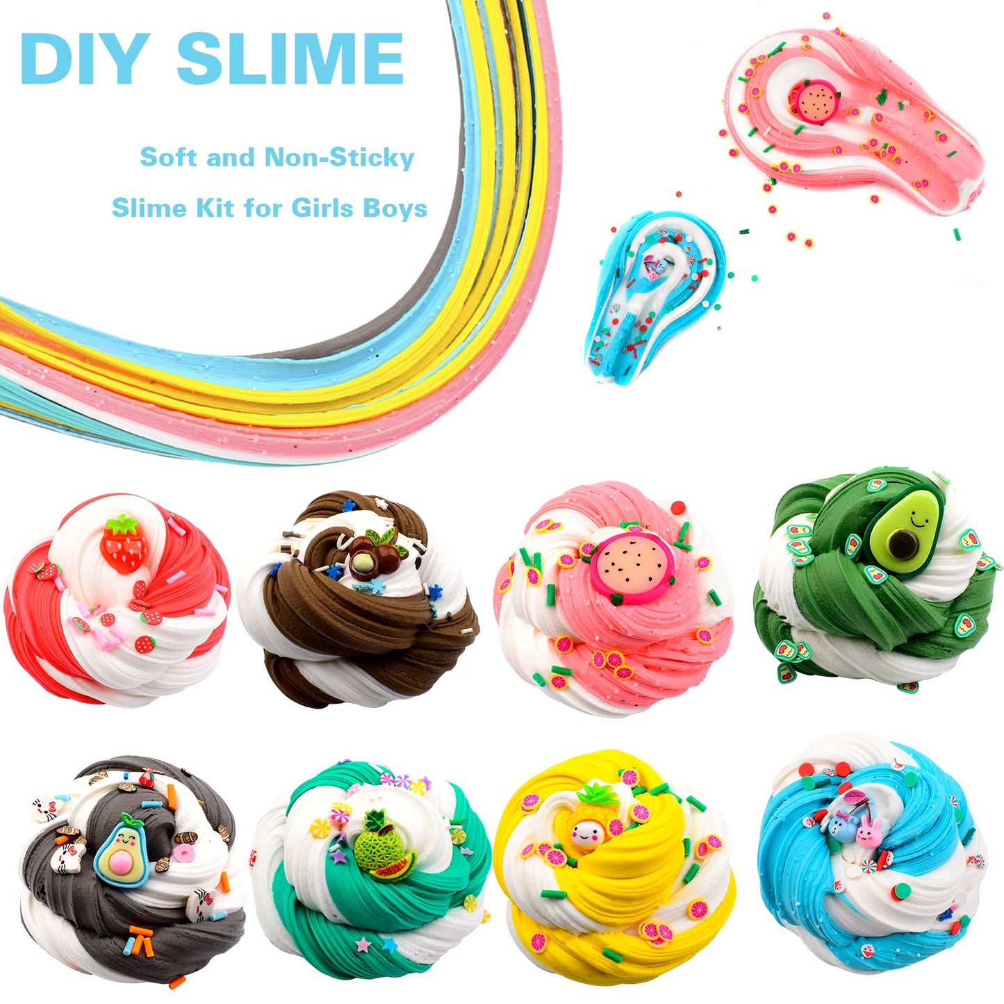 Butter Fruit Slime Kit For Girls 8 Pack, Stretchy And Non-Sticky, Slime Party Favors For Kids, With Strawberry Cherry Slime Cute