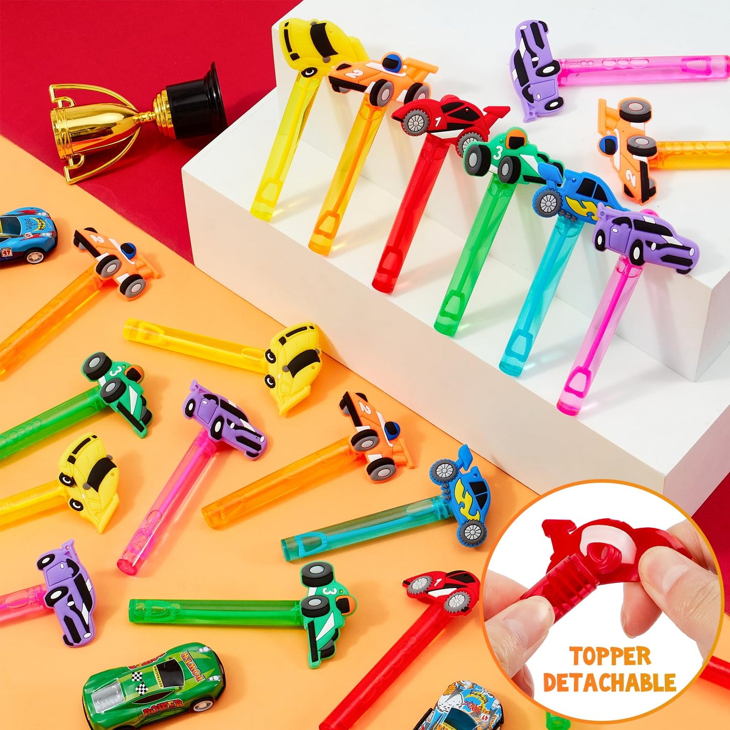 Winrayk Race Car Party Favors, 24Pcs Cars Themed Mini Bubble Wands for Kids Bubbles Bulk with Detachable Topper (6 Styles & Colo