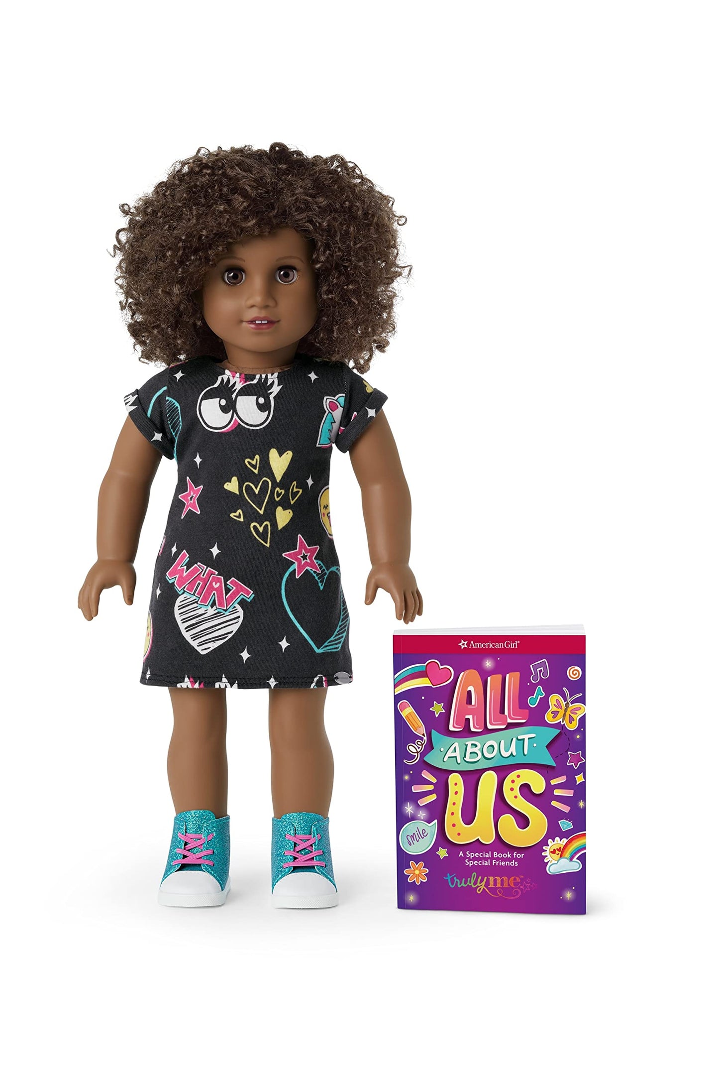 American Girl Truly Me 18-Inch Doll 112 With Brown Eyes, Natural Short Curly Dark-Brown Hair, Deep Skin With Neutral Undertones, Black Printed T-Shirt Dress