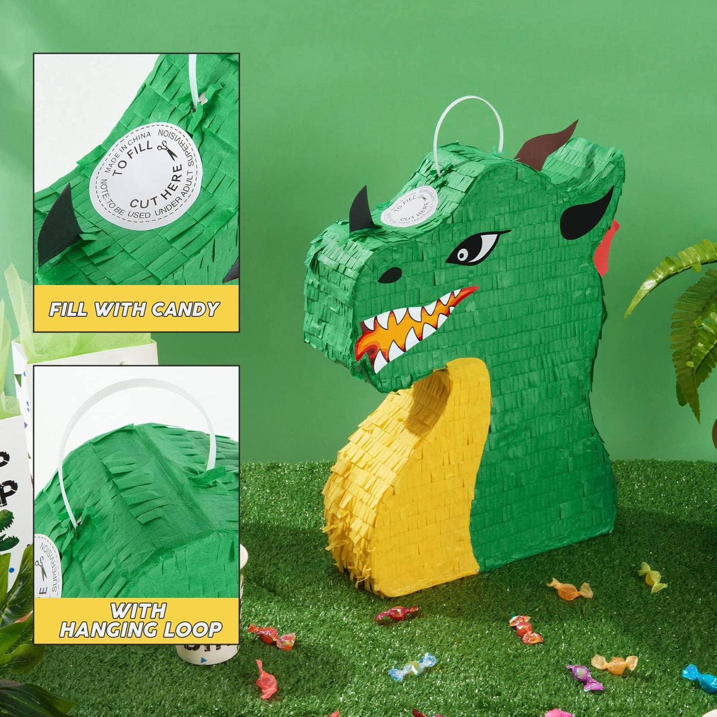 Wernnsai Dragon Piñata - Dinosaur Party Supplies Dino Piñata Bundle With Blindfold And Stick For Boys Kids Dragon Theme Birthday Party Game Decorations (15.5' X 10' X 3')