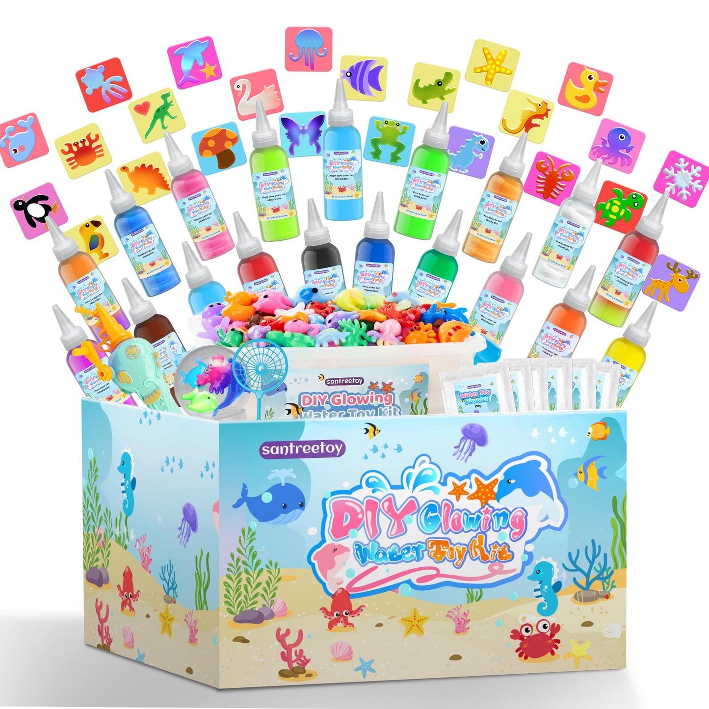 santreetoy Magic Gel Water Elf Toy Kit, 20 Fairy Aqua Gel Kit with Kids Fishing Pole, Color Changing Squishies Maker Making Toy,
