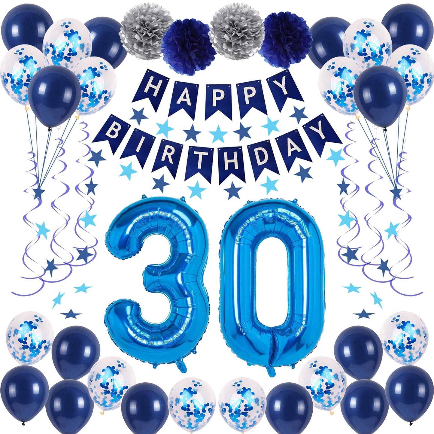Naninuneno 30Th Blue Birthday Party Decorations For Boy Girl Men Women, Happy 30 Birthday Balloons Supplies With Happy Birthday