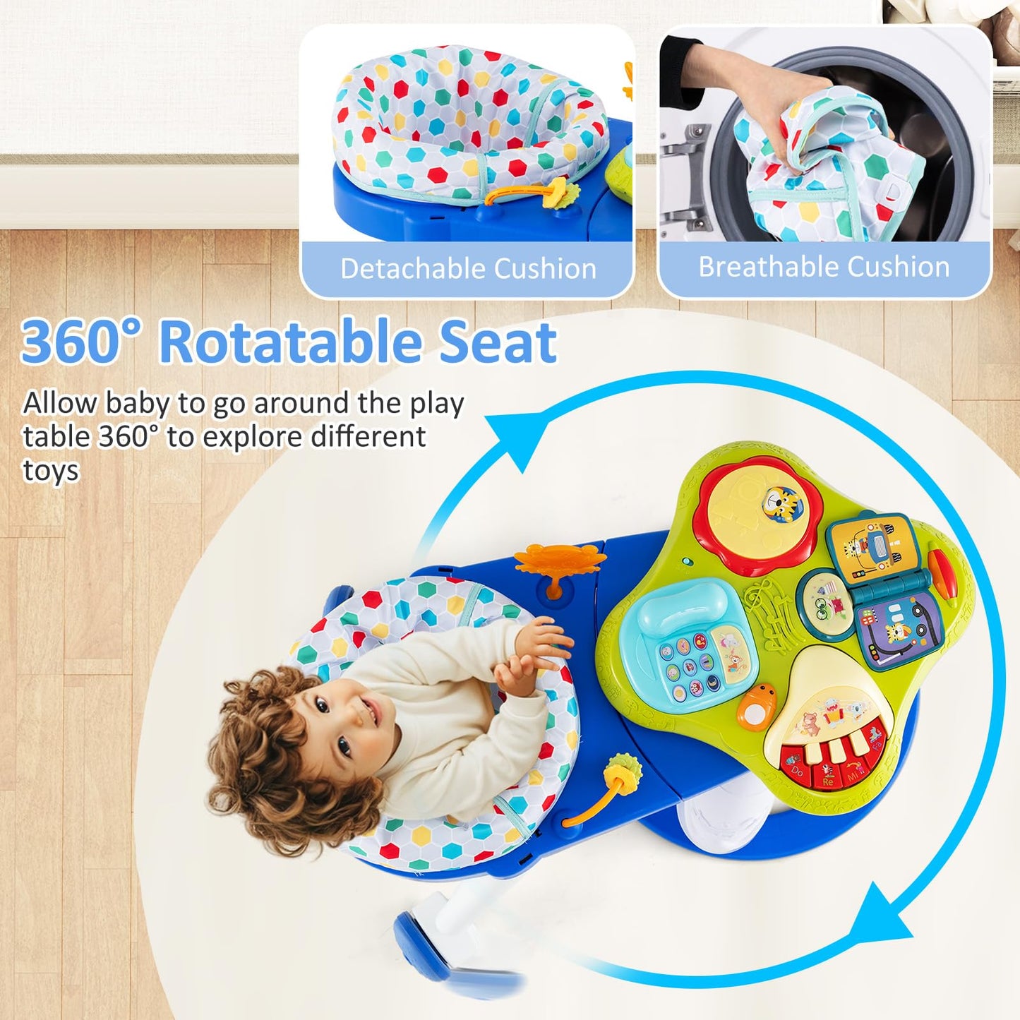 Infans 3 In 1 Walk Around Baby Activity Center, Baby Walker With Play Table, Wheels, Detachable Seat Cushion, 3 Adjustable Heigh