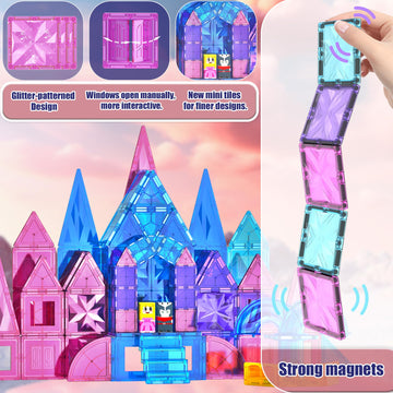 Sktmyy Magnetic Tiles,114Pcs 3D Diamond Princess Ice Castle, Magnet Tiles For Kids Age 3-5 4-8,Stem Educational Toys For Girls K