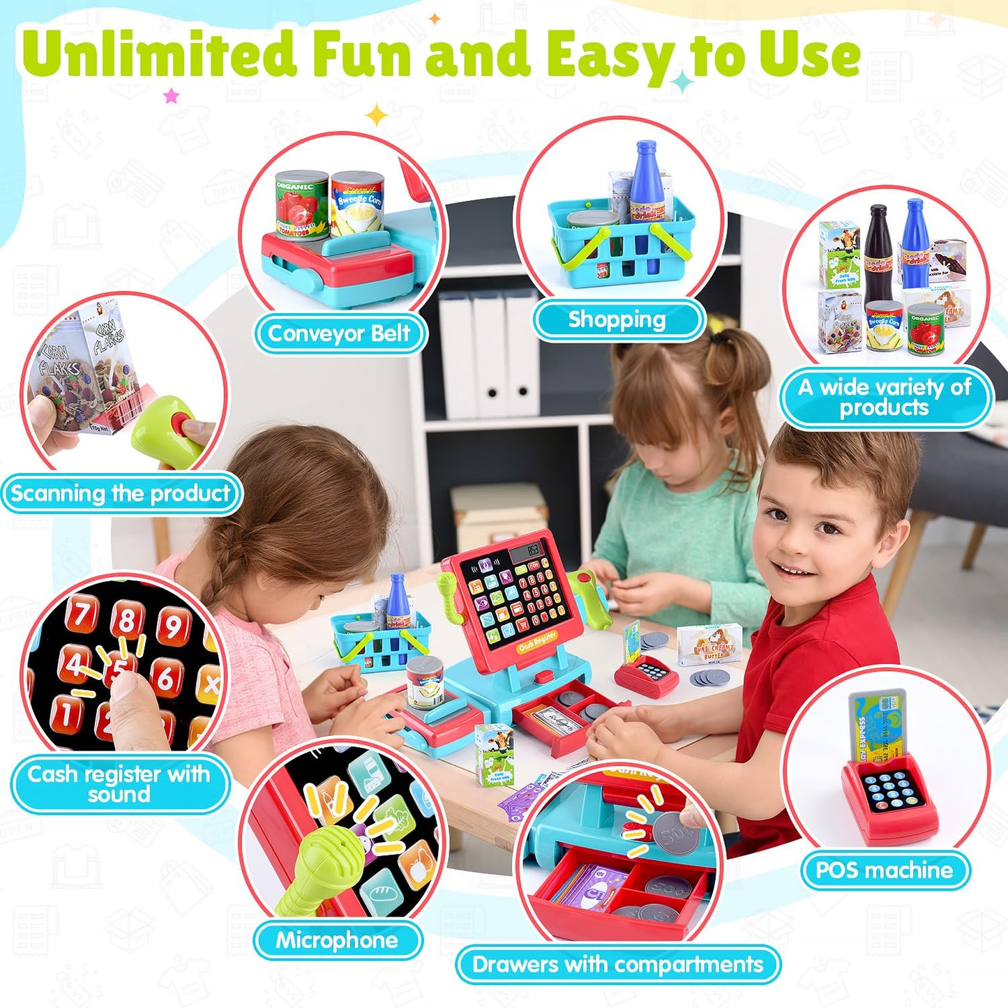 PLAY Kids Cash Register Toy Supermarket with Register Pretend Play Calculator Register Toys with Scanner/Microphone/Credit Card/