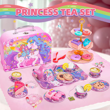 Unicorn Tea Party Set for Little Girls, Toddler Princess Toy Tea Set, Pretend Play Teapot Dessert Tea Cup Set Food Kitchen Plays