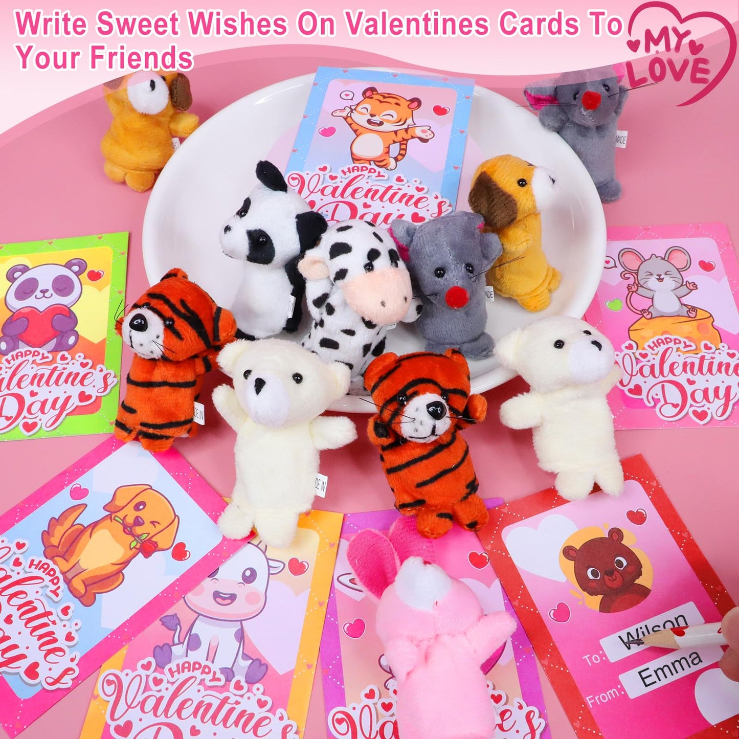 Amenon 28 Pack Valentines Day Gifts For Kids With Animal Finger Puppet Plush Toy (7 Designs) Valentines Cards For Kids Boys Girl