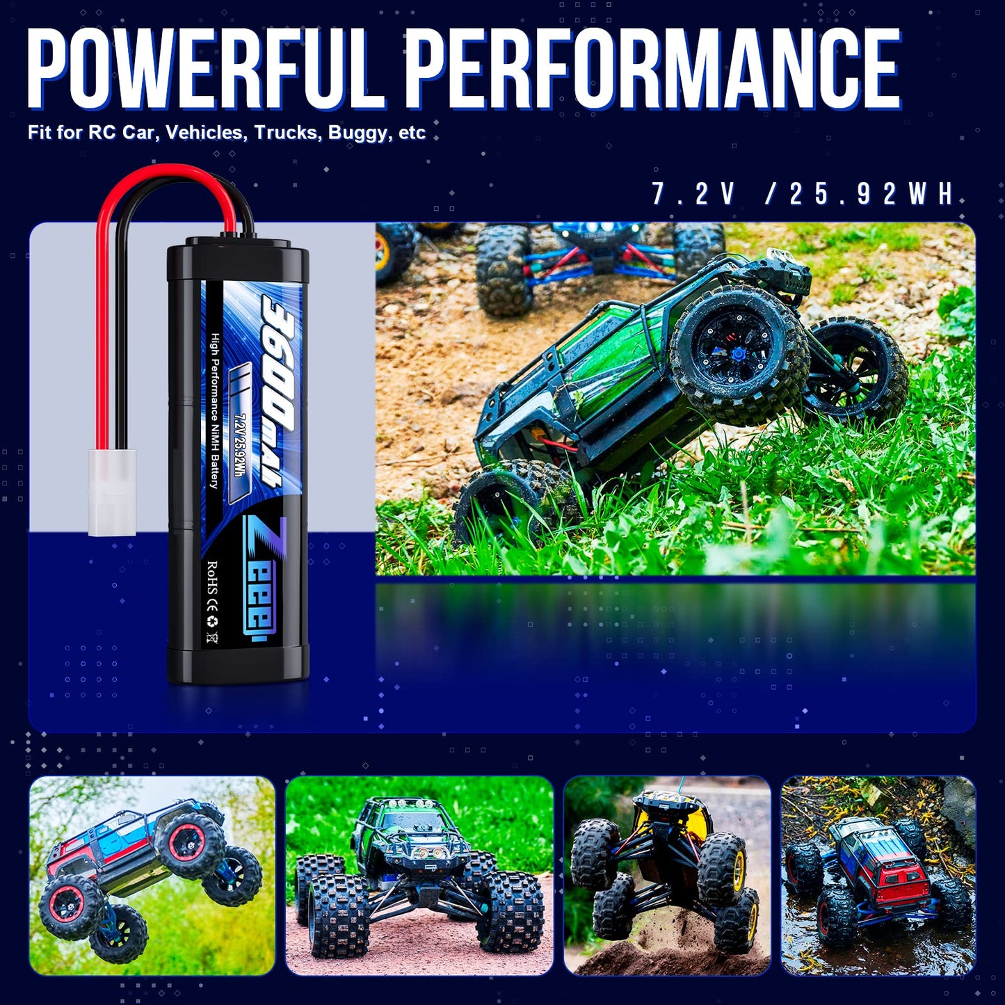 Zeee 7.2V NiMH Battery 3600mAh RC Battery High Power with Tamiya Connector for RC Car RC Truck Associated HPI Losi Kyosho Racing