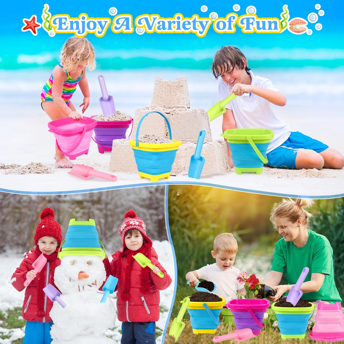 Collapsible Beach Buckets for Kids, 4 Packs Foldable Sand Buckets and Shovels with Mesh Beach Bag, Silicone Sand Pails for Toddl
