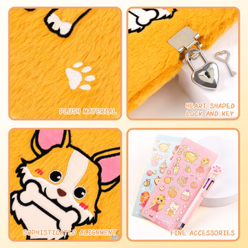 PrinBarBee Corgi Diary with Lock - Plush Secret Journal for Kids, 160 Lined Pages, Perfect Gift for 6-8 Year Old Girls