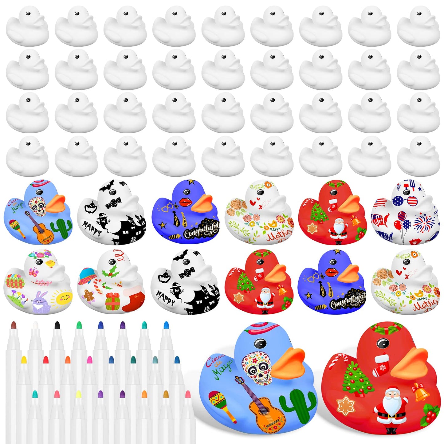 50 Pcs 2 Inch White Blank Rubber Ducks In Bulk Valentines Day Gifts For Kids Ducks With Pens Of 24 Colors Float Squeak Funny Rubber Duck Bath Shower Toy Birthday Gift Activities Themed Party Favor