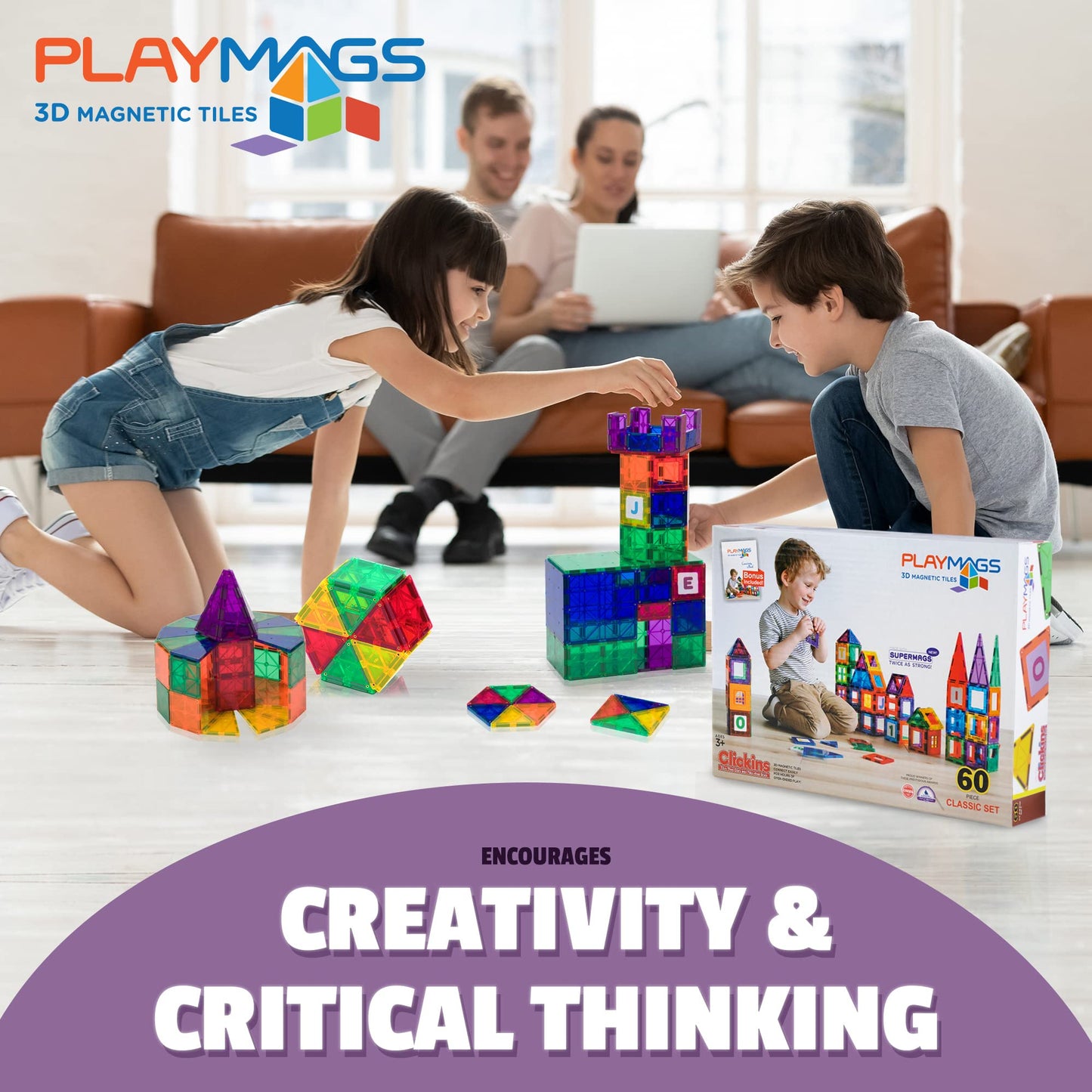 Playmags Magnetic Tiles For Kids, 60 Pc Magnet Blocks With Abc Click-Ins, Stem Development Building Toys For Boys Girls & Toddlers