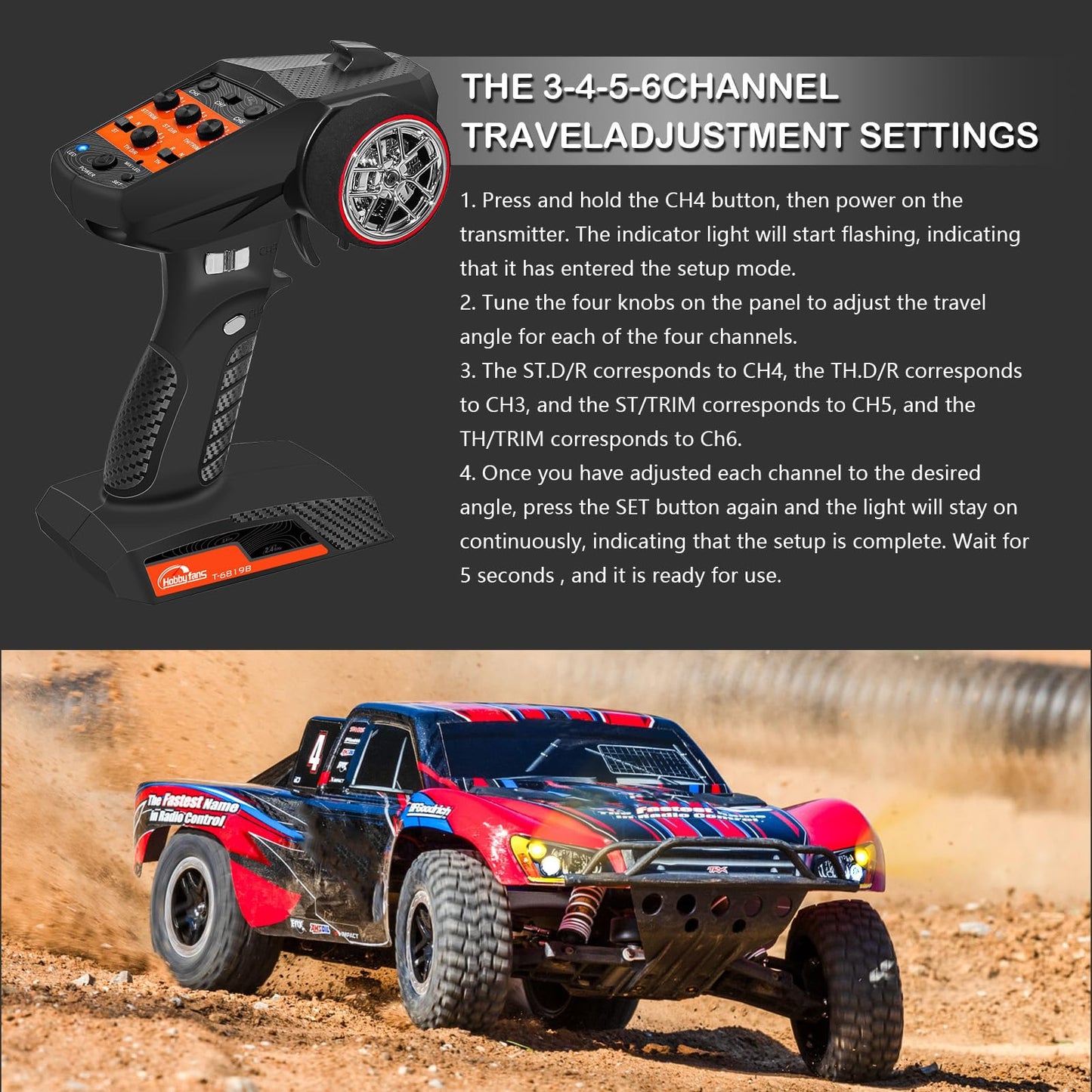 Hobby Fans RC Radio System 7CH 2.4G RC Transmitter with Receiver Anti-Jamming Remote Controller for RC Car Crawler Boat, Knob