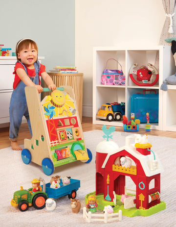 Battat Wooden Activity Walker - Educational Toy for Toddlers - 9 Activities - Small - Multi - Model BT4784Z - Farm Theme