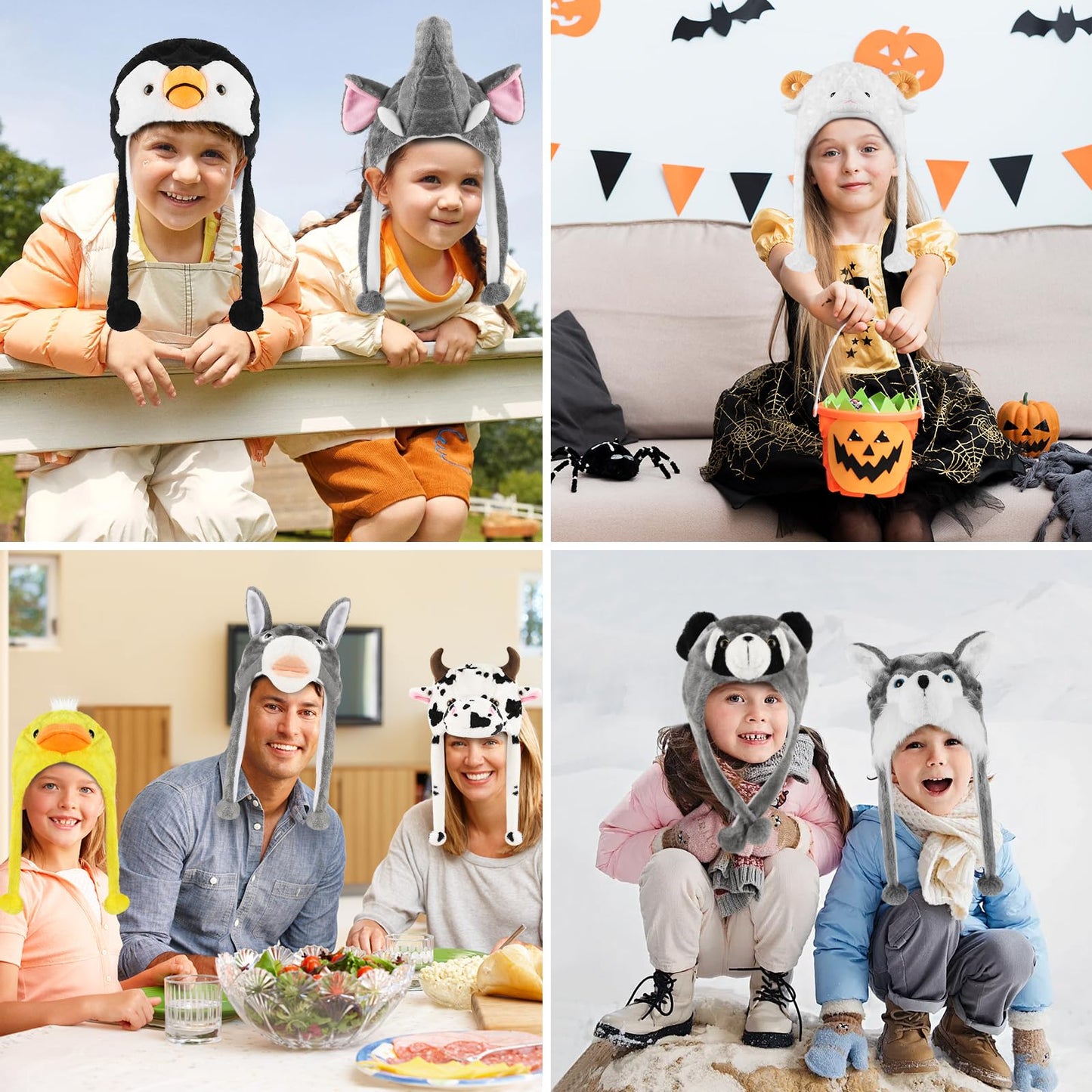 Funny Plush Animal Hat with Ear Flaps, Soft Fleece Hats Cute Bunny Cap for Kids Women Girls Cosplay Party (Cow) Multi-Colored