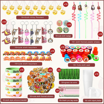 Chivertion 195 Pcs Sloth Birthday Party Favors for 16 Kids Include Keychain Necklace Silicone Bracelet Ring Badge Stamp Sticker