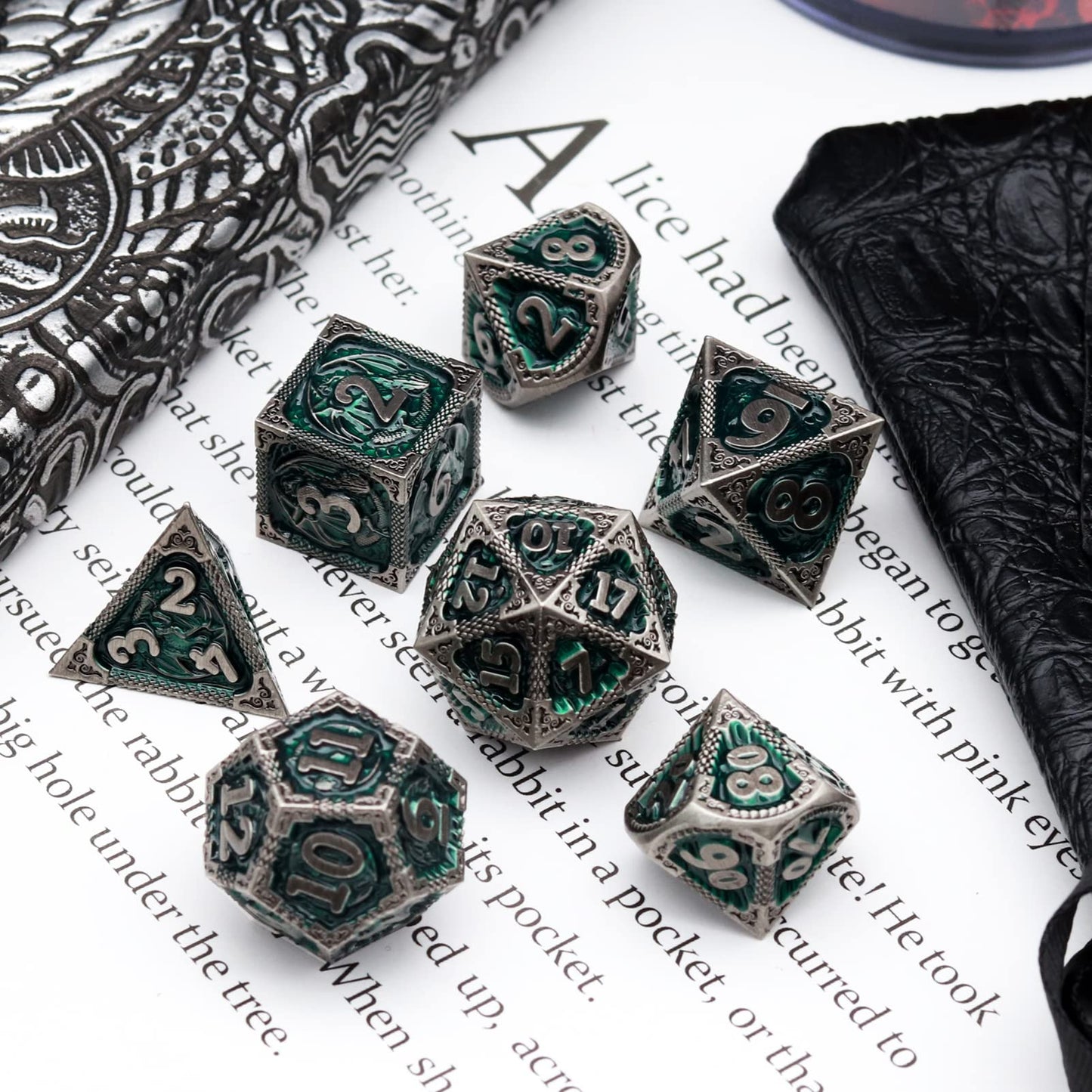 Haxtec DND Dice Set Metal D&D Dice Set with Leather Dice Bag Antique Iron Green Metal Polyhedral Dice for Dungeons and Dragons T