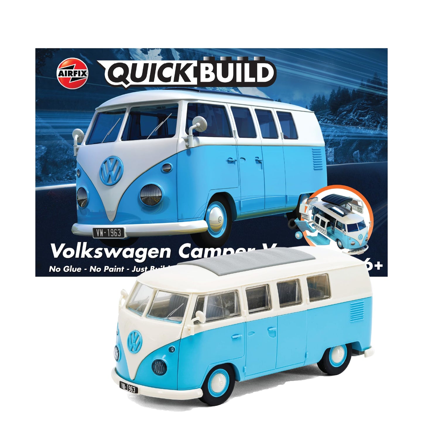 Airfix Quickbuild Volkswagen Light Blue Camper Van Brick Building Model Kit, Multicolor