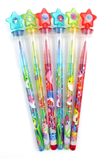 TINYMILLS 24 Pcs Shark Family 2 in 1 Stackable Stacking Crayon with Extra Stamper Topper, Kids Party Favors, Goodie Bag Stuffers