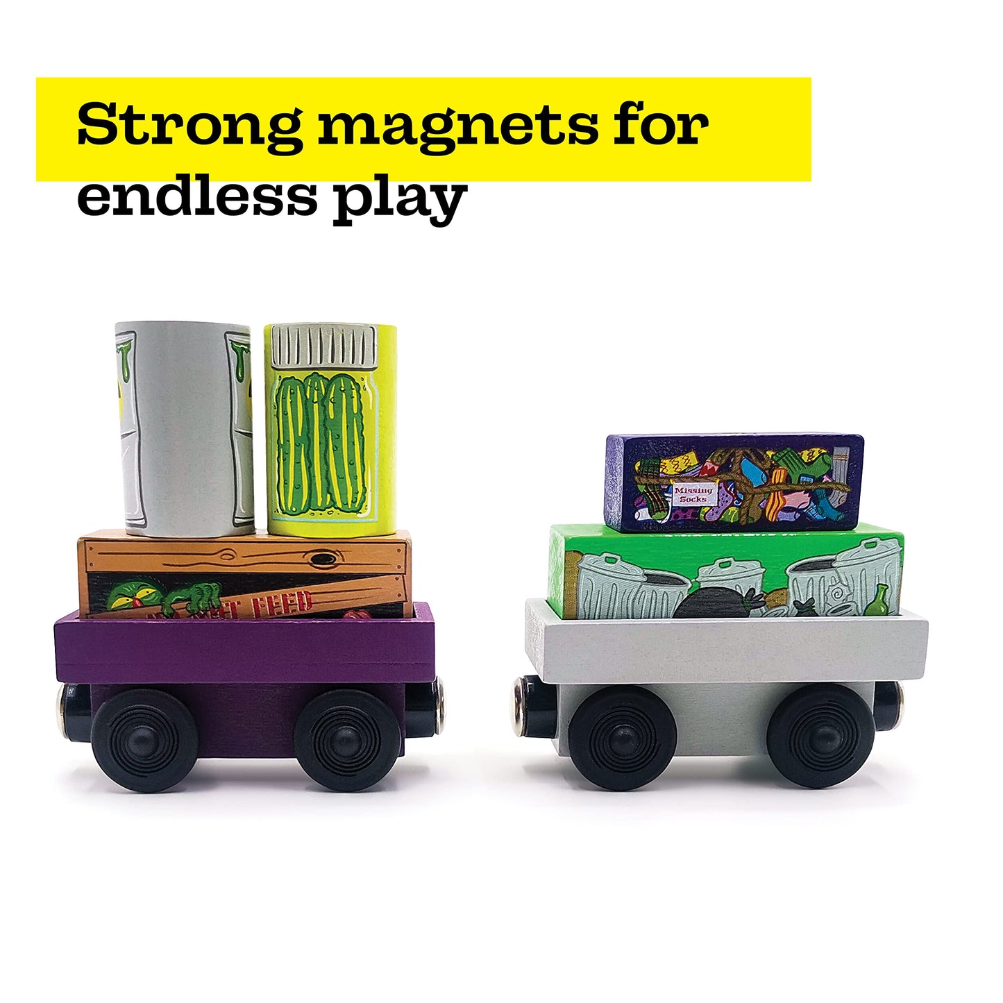 Zany Trains Series 1 - Wooden Train Set With Cargo - Compatible With All Wooden Train Sets - Wooden Train Cars (Quirky Cargo)