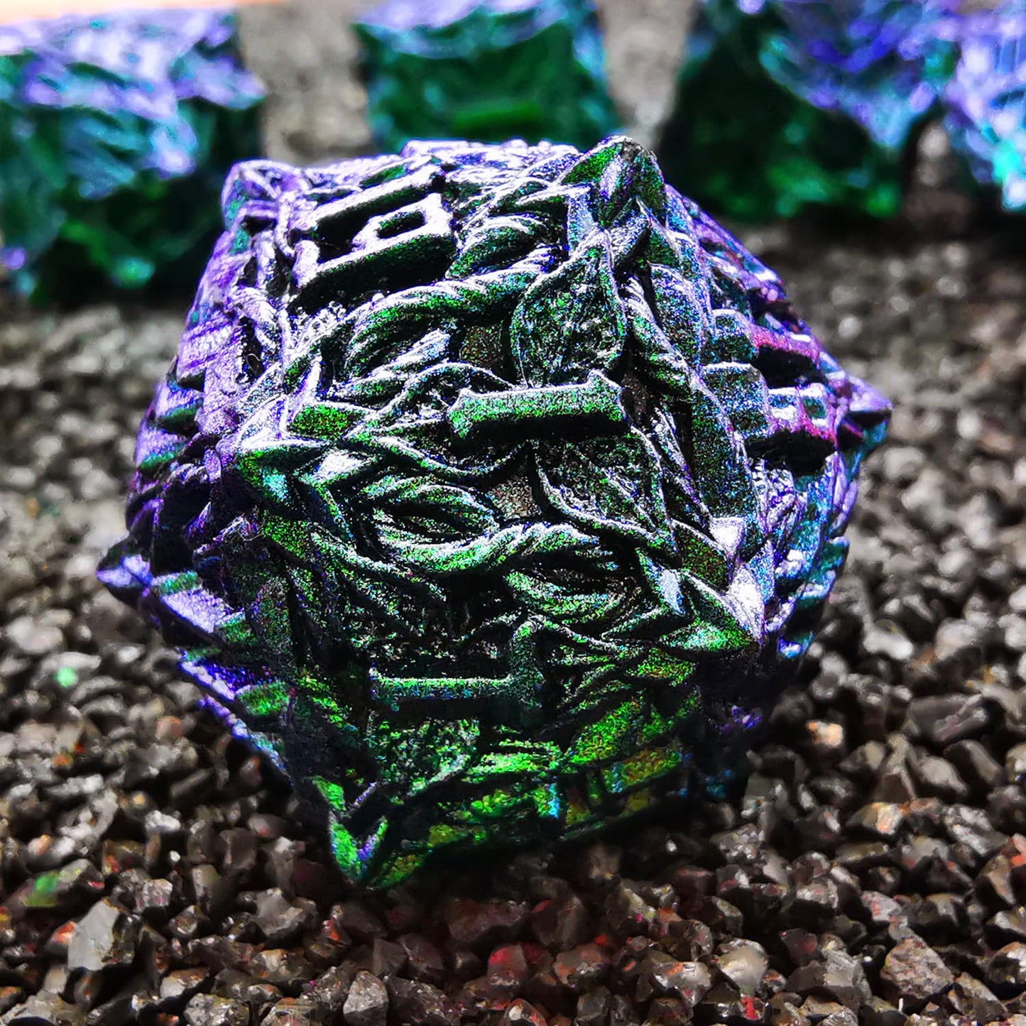 MJDICEOK Metal Dice Vine Leaf Set 7 Role Playing Polyhedral D&D Solid Dungeons and Dragons Dice (Green Blue)