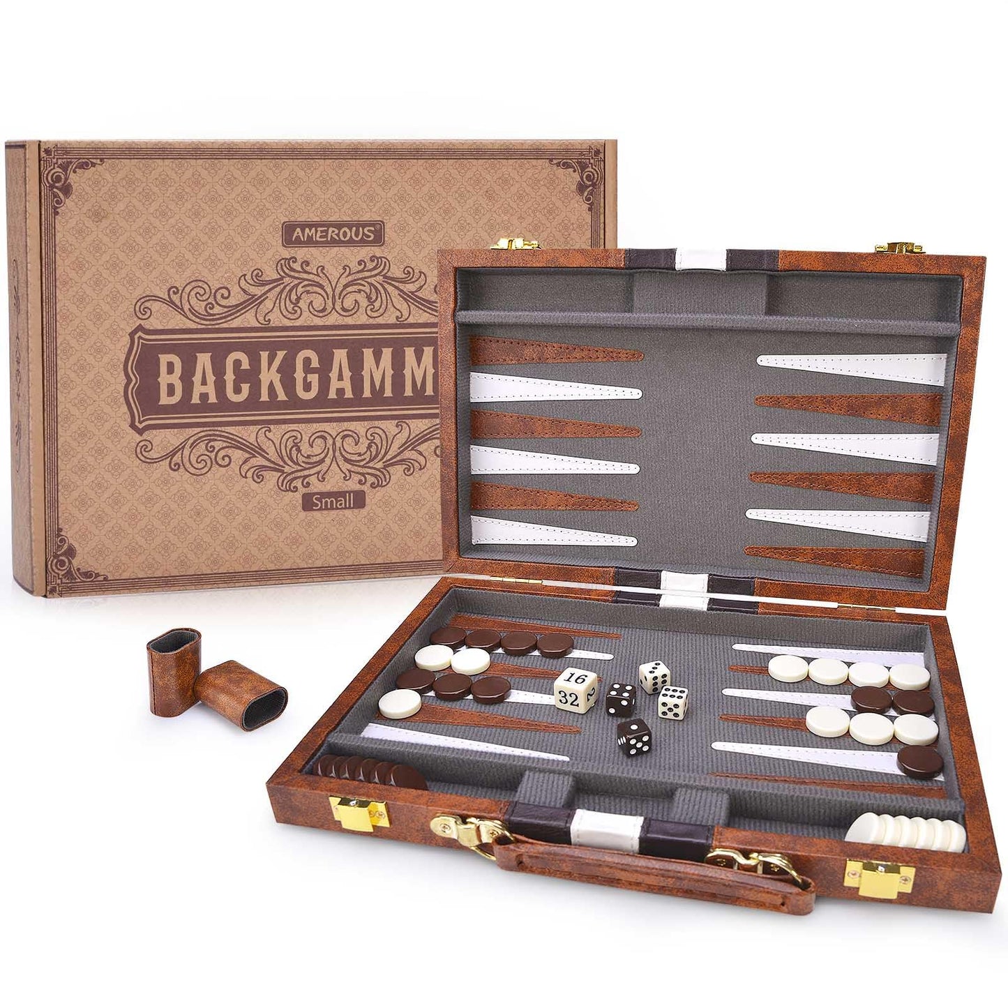 Amerous Backgammon Set, 11 Inches Classic Board Game Withleather Case, Folding Board, Gift Package, Portable Travel Strategy Backgammon Game Set For Adults, Kids (Small, Brown)