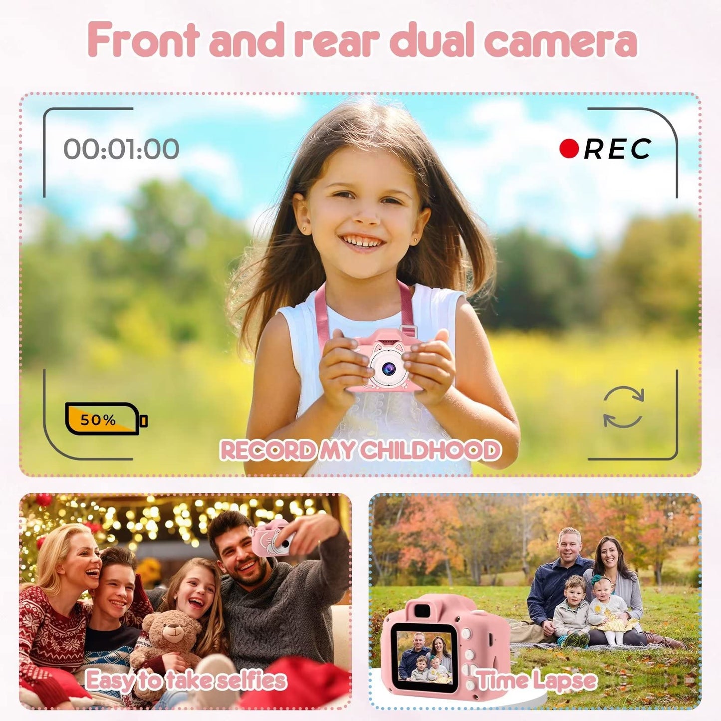 Kids Camera, 2 Lens Selfie Camera For Kids, Hd Video Kids Digital Camera For Girls, 3 4 5 6 7 8 9 Year Old Girl Christmas Birthd