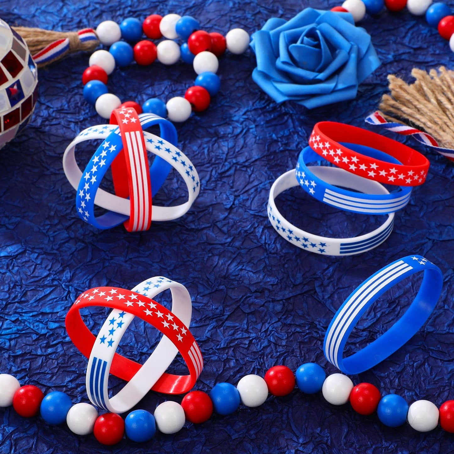 48 Pcs 4th of July Bracelets USA American Flag Bracelets Red White and Blue Bracelet Wristbands, Patriotic Silicone Bracelets fo