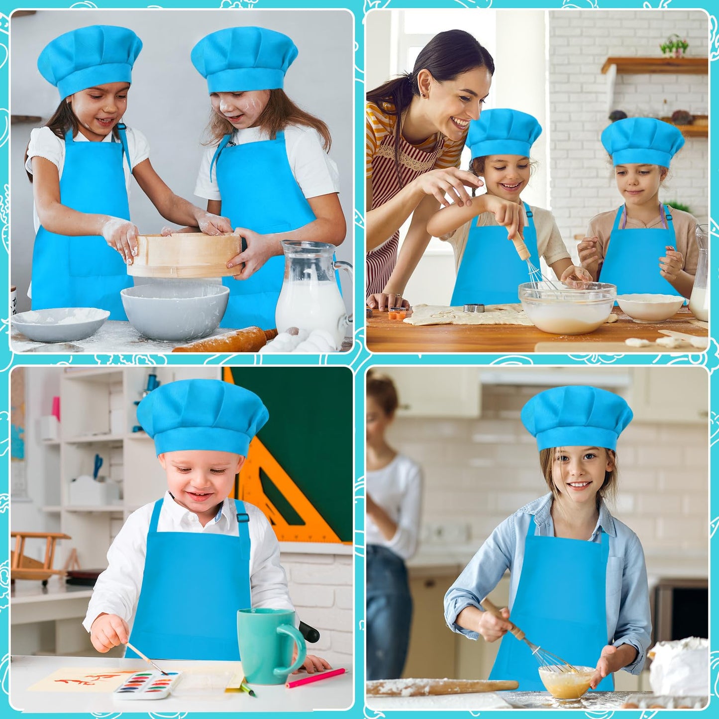 Bouiexye 3 Set Kids Apron and Chef Hat Set Children Apron Adjustable with 2 Pockets Children Chef Painting for Cooking Baking Pa