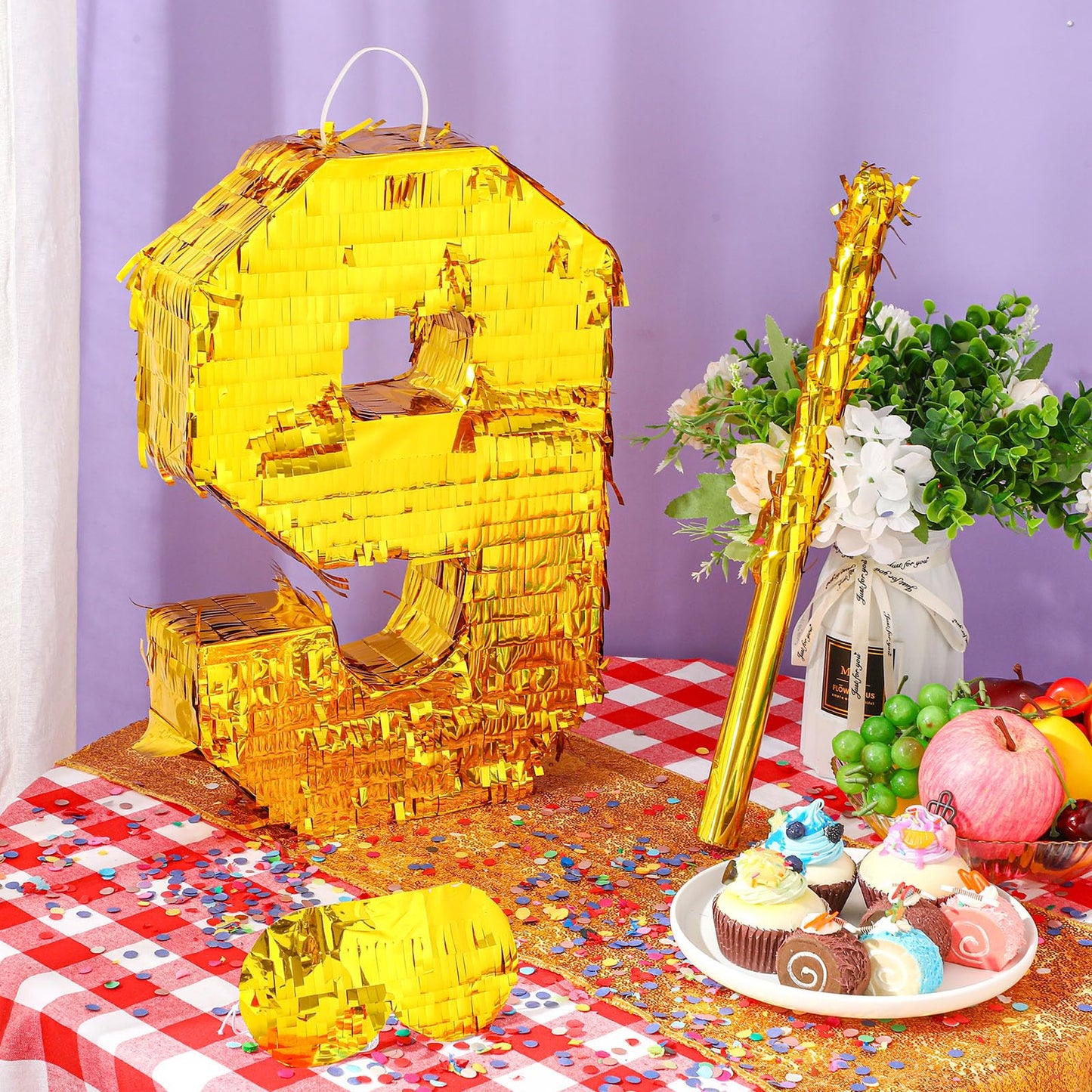 Sratte Number Piñata Birthday Piñata Decorations Gold Foil Piñata With Stick Blindfold Confetti For Boy Girl Birthday Party Decorations Anniversary Celebrations Fiesta Supplies(Number 9)
