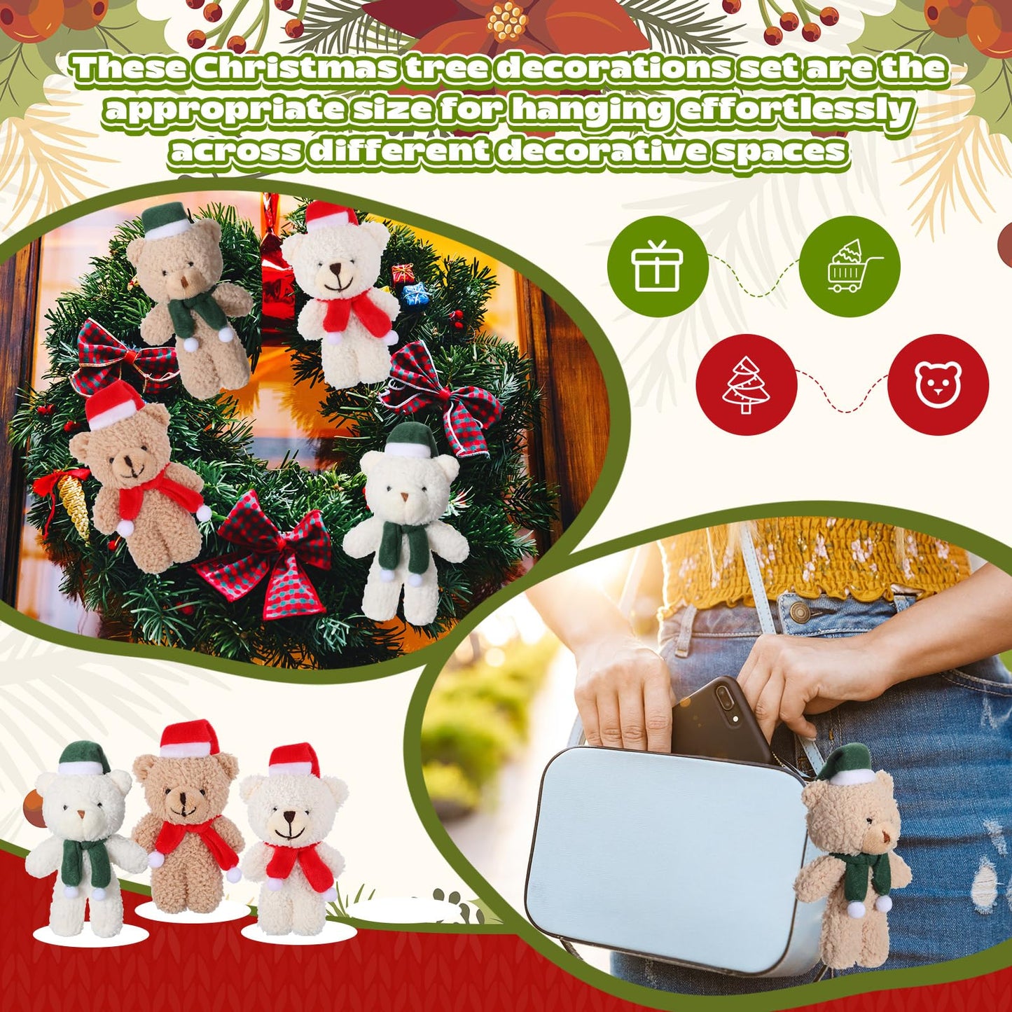 Hiboom 40 Pieces Christmas Stuffed Animal Bear Christmas Small Plush Bear Cute Bear Stuffed Animals Xmas Plush Bear Toys For Bir