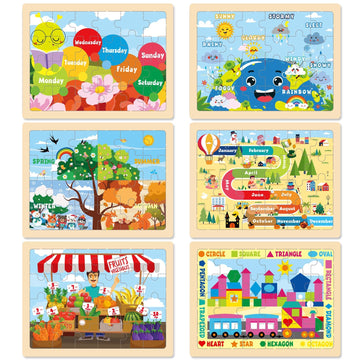 EggSun Christmas Wooden Puzzles for Toddlers 3-5 6 Packs 24Pcs Jigsaw Wooden Number Shape Puzzles for Ages 4-8 Preschool Educational Brain Toys Gifts for Boys and Girls 2 4 3 5 Year Old(Season)