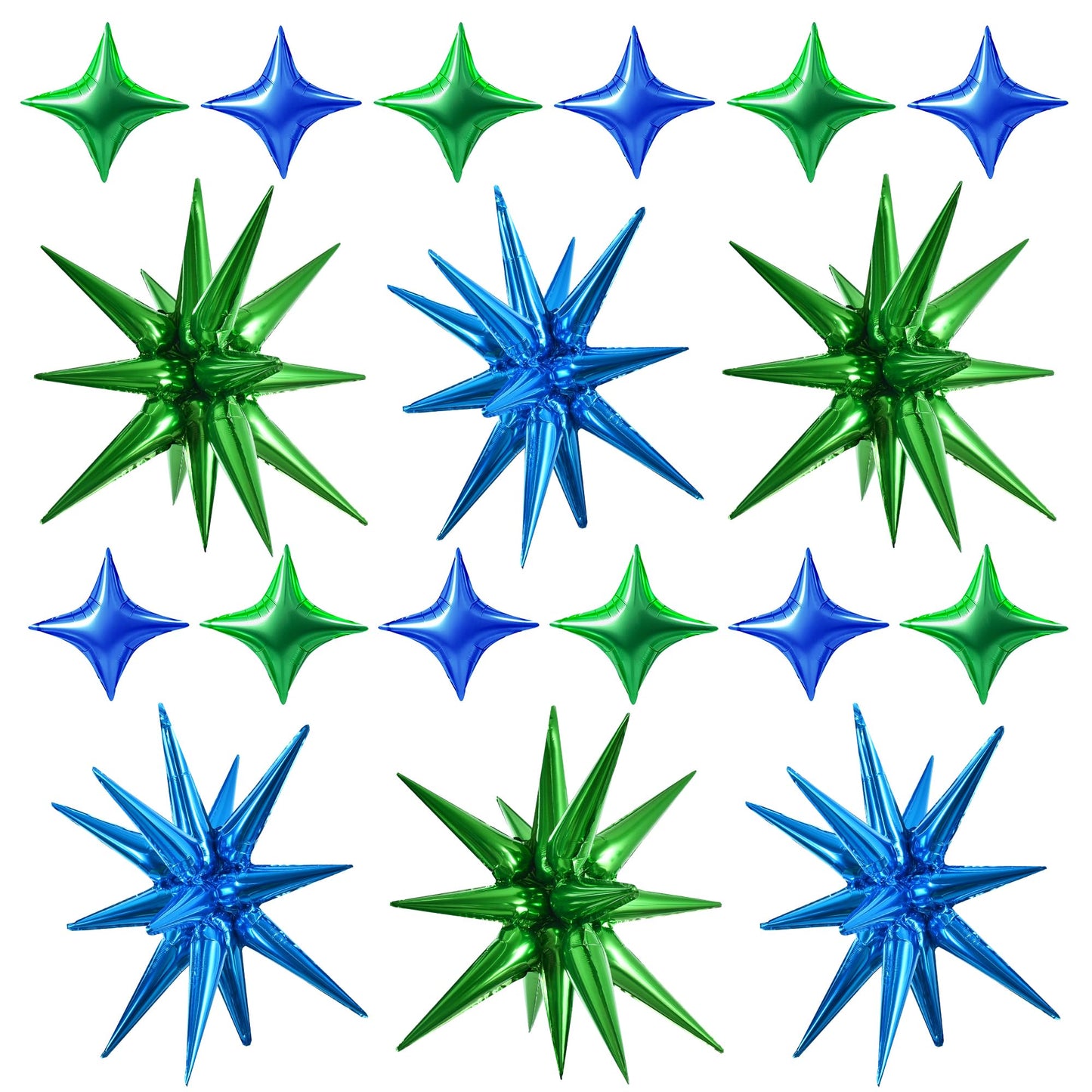 TONIFUL 18Pcs 22Inch Blue Green Large Explosion Star Mylar Balloons and 10Inch Four Pointed Star Balloons Set for Christmas New