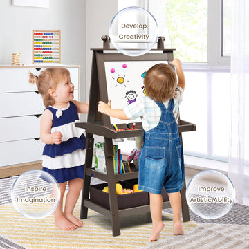 Honey Joy Art Easel For Kids, 3-In-1 Double-Sided Wooden Toddler Easel W/Magnetic White Board & Chalkboard, Paper Roll, 2 Storage Bins, Painting Dry Erase, Kids Easel For Boys Girls Aged 3+ (Coffee)