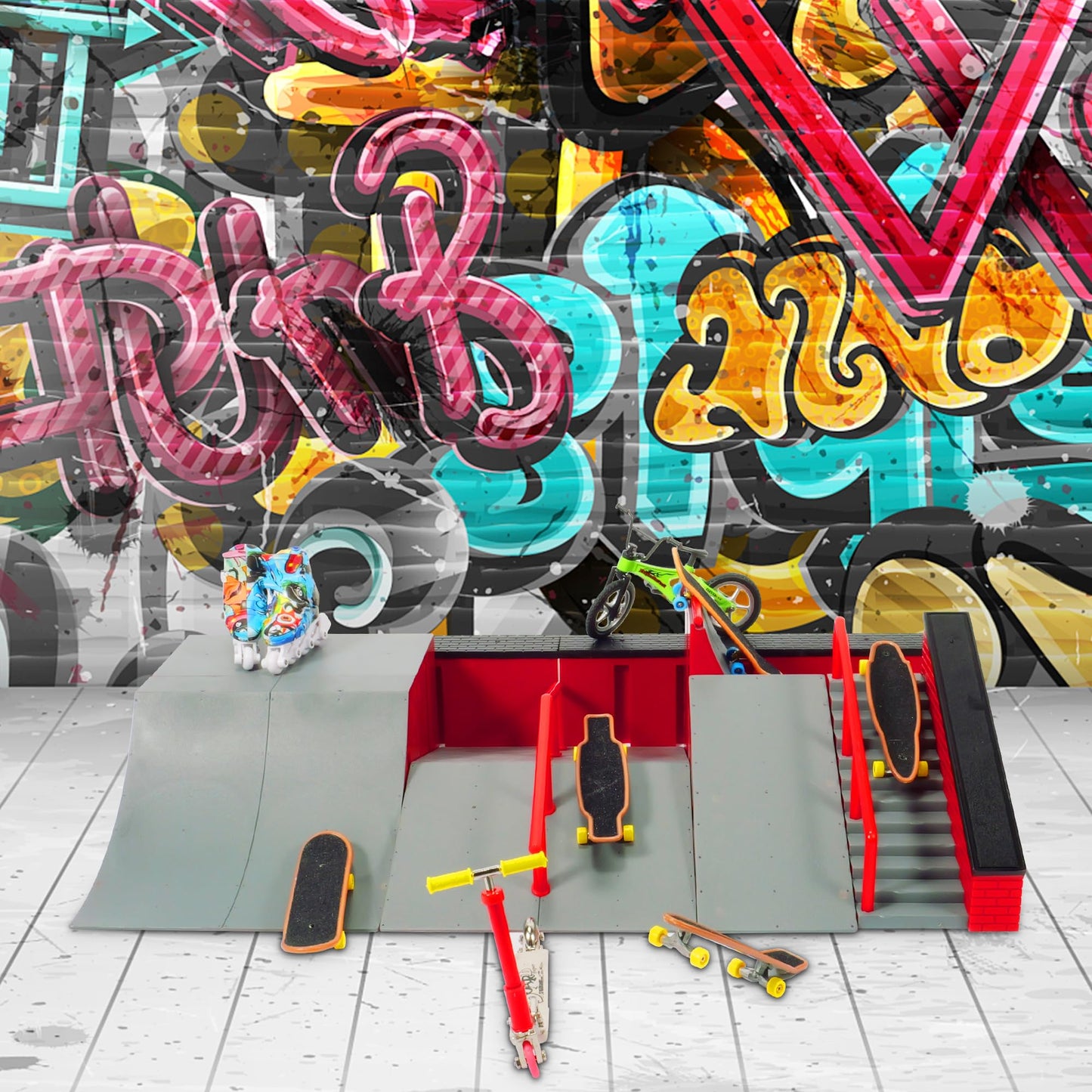 Finger Skateboard Park Kits (9 In 1),Finger Skateboard Ramp Set With 5 Fingerboards, Finger Scooter,Finger Bike,Finger Skateshoe