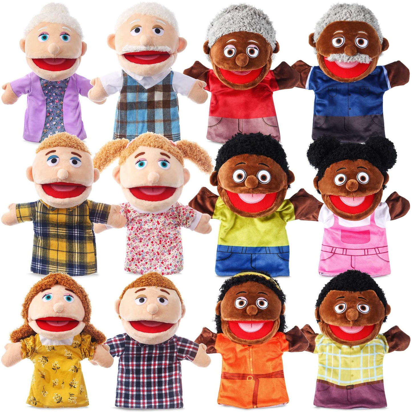 12 Pcs Family Hand Puppets 12 Inch Grandparents Mom Dad Brother Sister Plush Toys Role-Play Toy Puppets For Kids Storytelling Im
