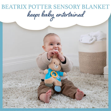 Kids Preferred Peter Rabbit Sensory Blanky Toy - 12" Crinkle Sounds, Soft Textures, BPA-Free, Brown/Blue, Model 24285-J