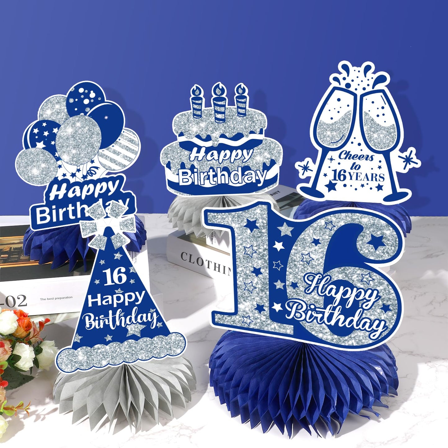 8Pcs Blue 16Th Birthday Decorations Navy Blue Silver Happy 16Th Birthday Table Honeycomb Centerpieces For Table Decor 16Th Birthday Table Topper For Boys Girls 16Th Birthday Anniversary Party Supplies