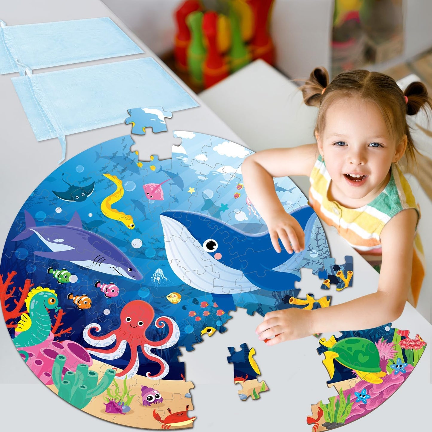 22.8 Inch Jumbo Floor Puzzle For Kids Under The Sea Large Floor Puzzle Underwater World Round Puzzles For Valentines Toddler Chi