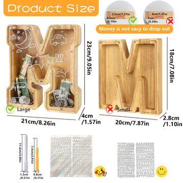 weallbuy Large Letter Piggy Bank for Kids Boys Girls Wooden Personalized Piggy Banks A-Z with Target Area Clear Alphabet Banknote Coin Banks for Gift Decoration Baptism (M)