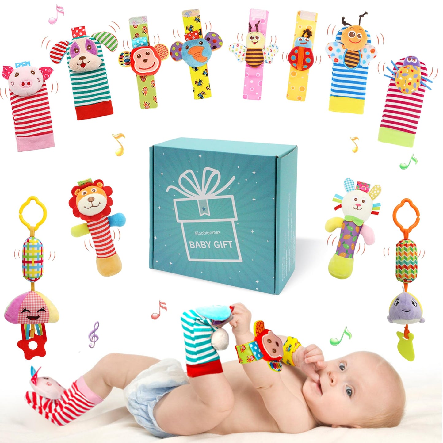 Baby Hanging Toy, Wrist Rattles, Rattle Socks, Handheld Wearable Washable Adjustable Rattle Toy, Newborn Present Baby Shower Birthday Gift Set For 0 1 2 3 Years Old Babies (12Pcs-J)