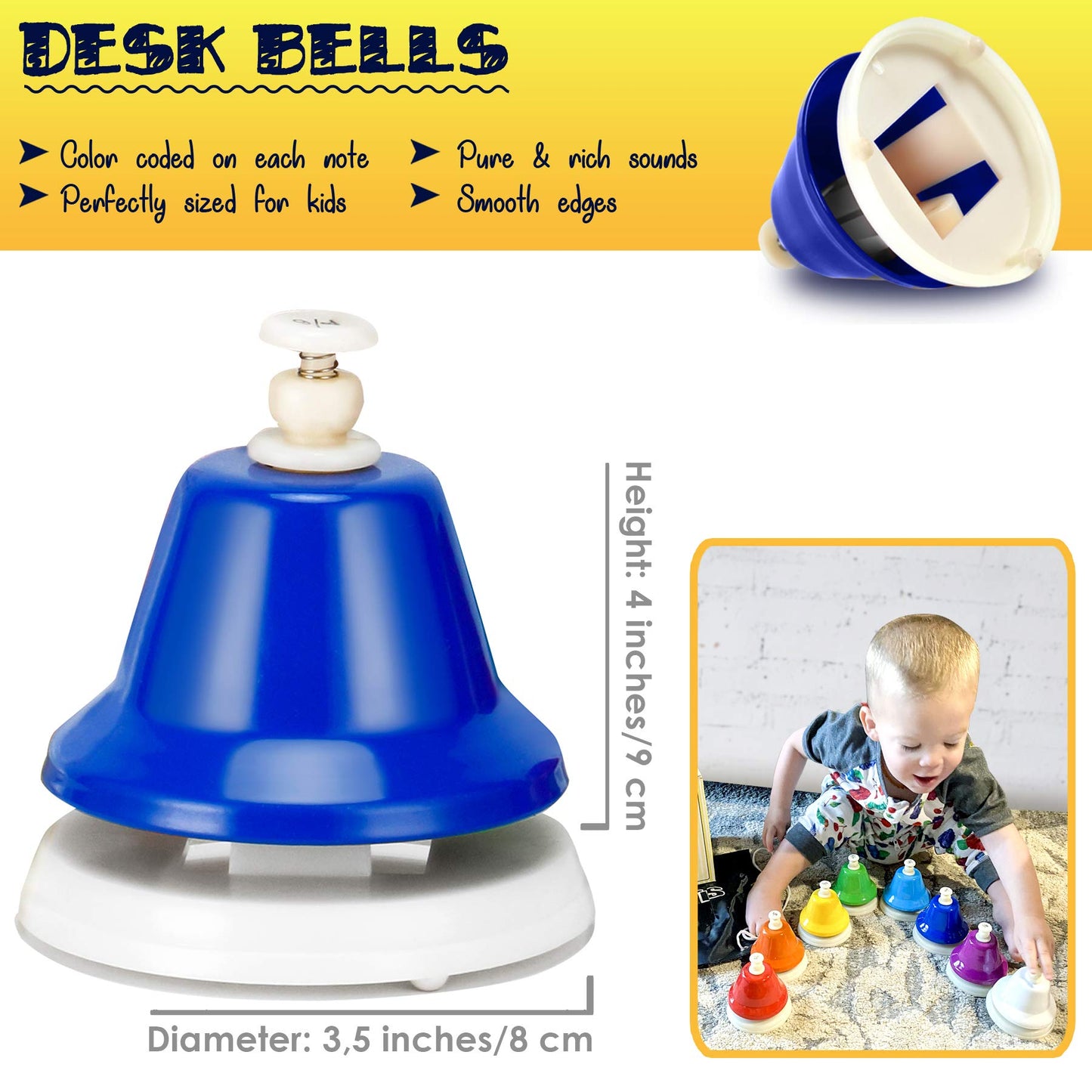 Miniartis Desk Bells For Kids | Educational Music Toys For Toddlers 8 Notes Colorful Hand Bells Set | Kids Musical Instrument With 15 Songbook | Great Birthday Gift For Children